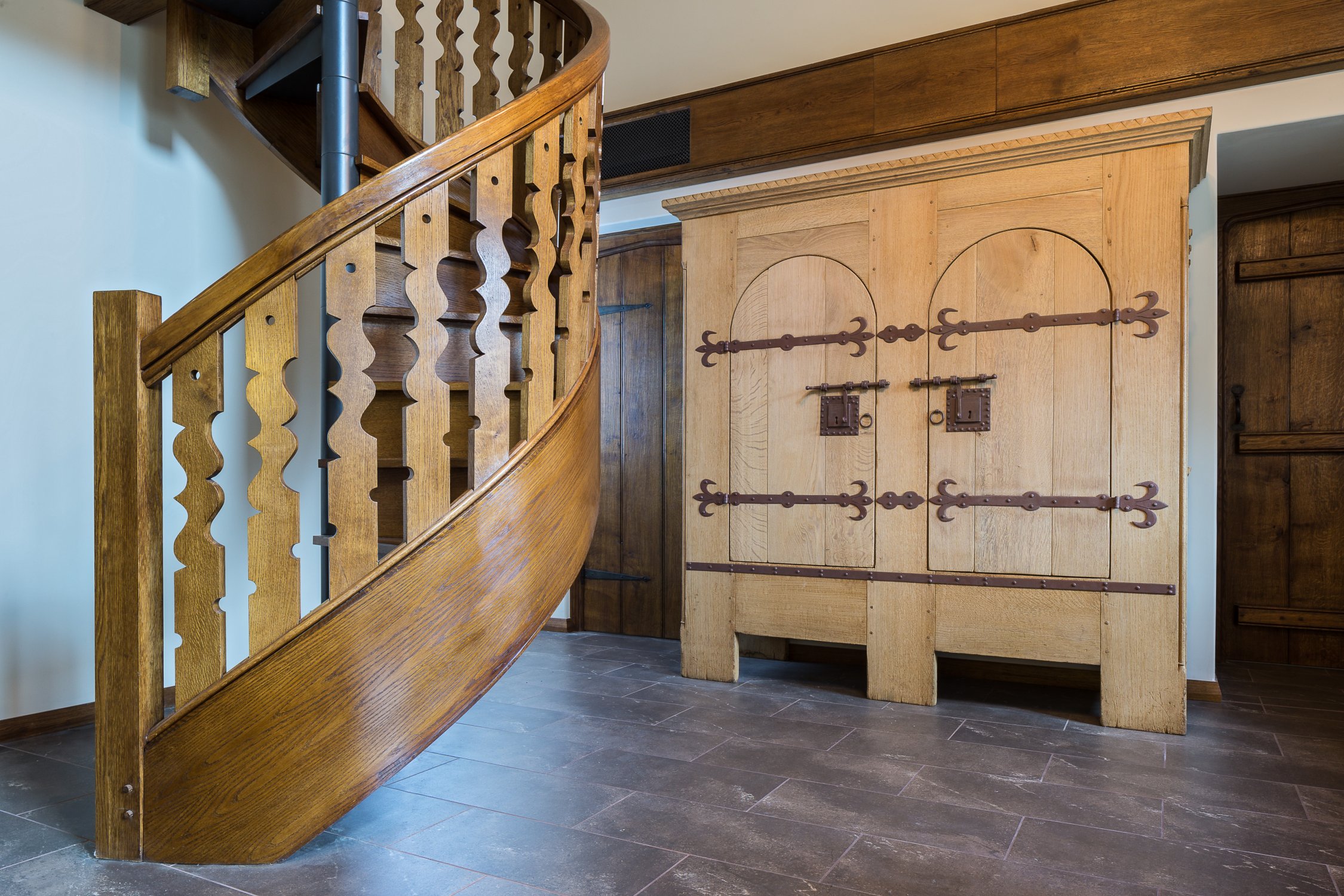 Oak spiral staircase and large replica cupboard